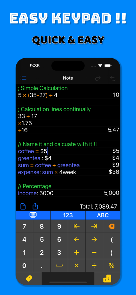 Note Calculator - Text Editor - Note Calculator app interface showing text-based calculations and a custom numeric keypad on a smartphone screen.