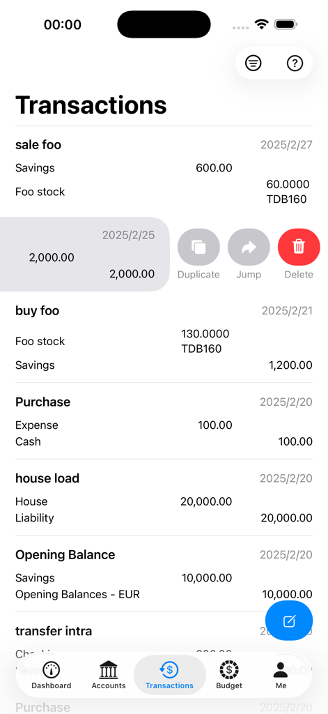 MyLedger: GnuCash Companion - Lista de transacciones financieras que muestran registros de contabilidad de doble entrada en la aplicación MyLedger