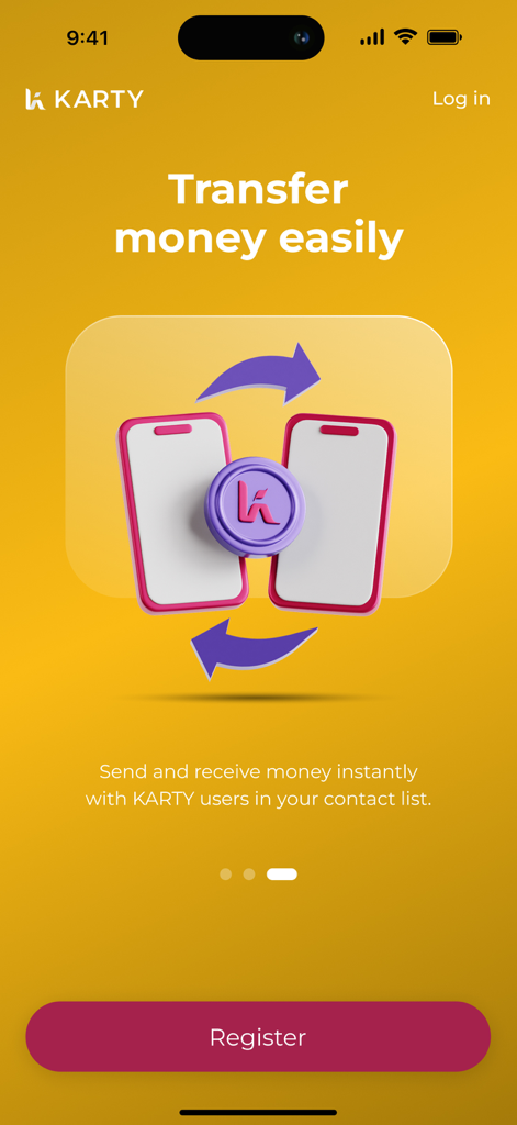 Karty app screen showing instant peer to peer money transfers with contact list