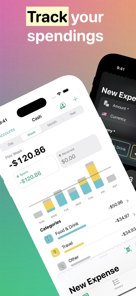 Fin - Budget Tracker - Interface of the Fin Budget Tracker app showing a weekly spending chart and categorized expense history.