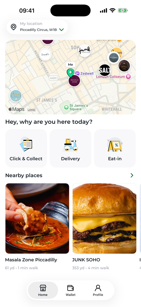 Yalla Halal - Yalla Halal app home screen showing a map of nearby restaurants and options for delivery click and collect and eat-in services.