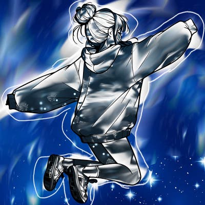 realistic girl jumping with a bun and oversized sweatshirt
