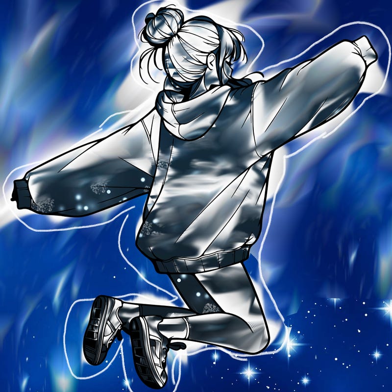 realistic girl jumping with a bun and oversized sweatshirt