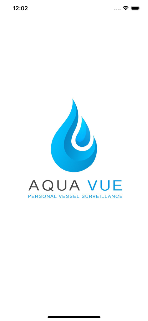 AquaVue - Splash screen of AquaVue app featuring a blue water drop logo and vessel surveillance slogan