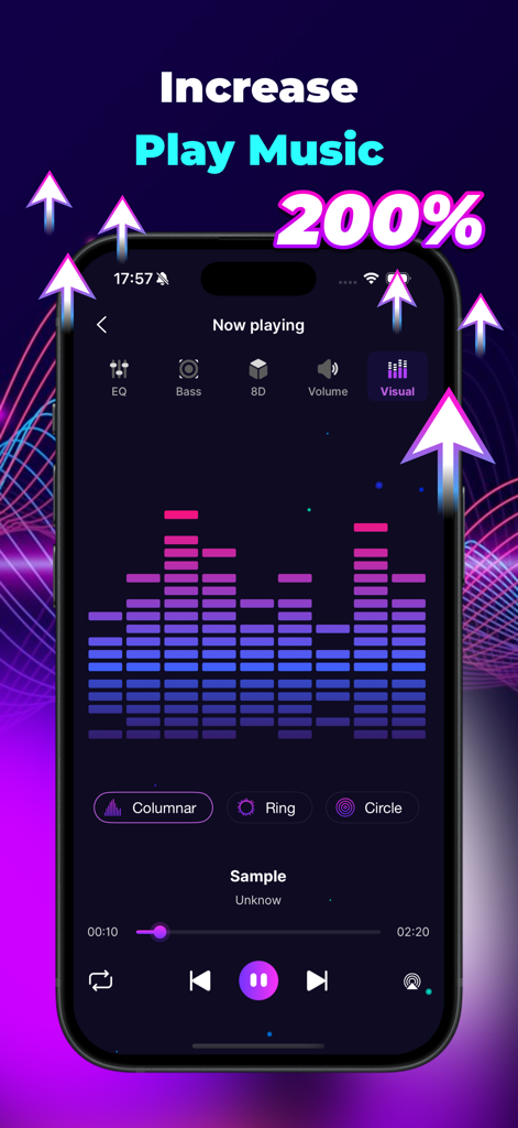 Interfaz de la aplicación para iPhone que muestra un colorido visualizador de espectro de sonido musical con un encabezado de aumento de volumen del 200 por ciento.