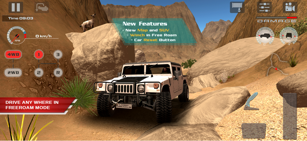 A white 4x4 SUV navigating a rocky desert canyon in free roam mode of OffRoad Drive Desert