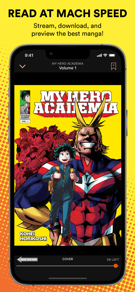 Shonen Jump app displaying the cover of My Hero Academia Volume 1 on a smartphone