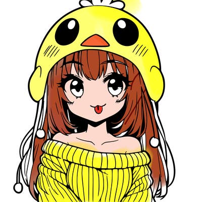 anime girl with chick shaped hat with sweater with bare shoulders with bangs covering them one eye with low tail
