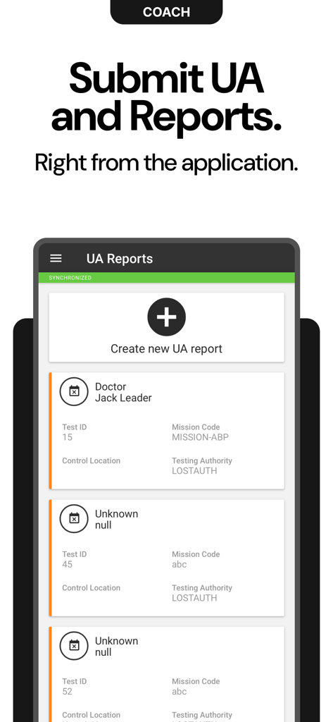 Interface of the MODOC App Coach showing the UA Reports dashboard with options to create new reports and view existing test records