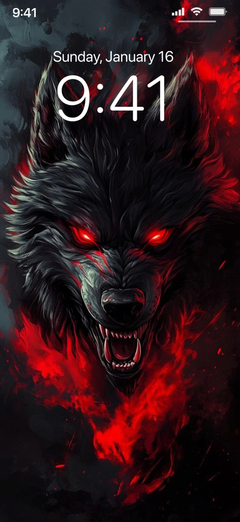 Lone Wolf Wallpapers 4K - Aggressive lone wolf with glowing red eyes and red mist background on a smartphone screen