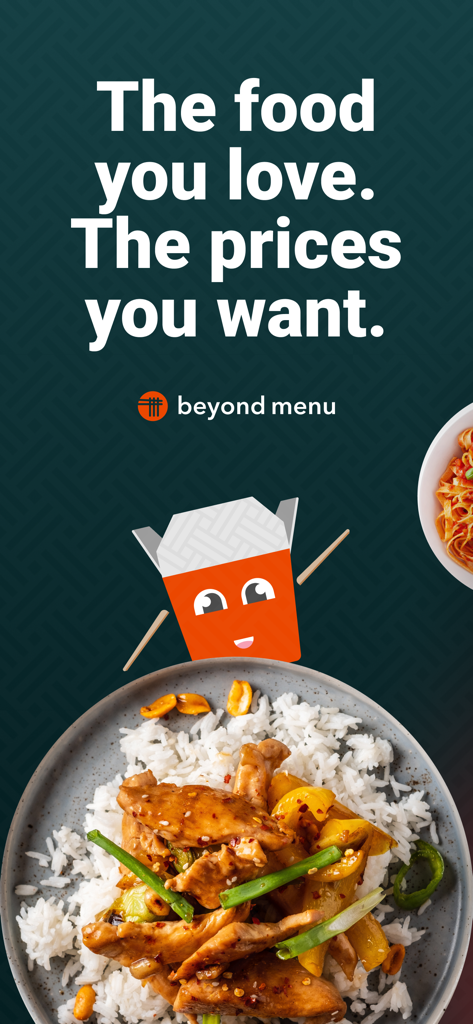 Beyond Menu Food Delivery - 비욘드 메뉴 음식 배달 앱 홍보 화면, 닭고기와 밥 요리와 함께 "당신이 사랑하는 음식, 당신이 원하는 가격"이라는 슬로건이 표시됨