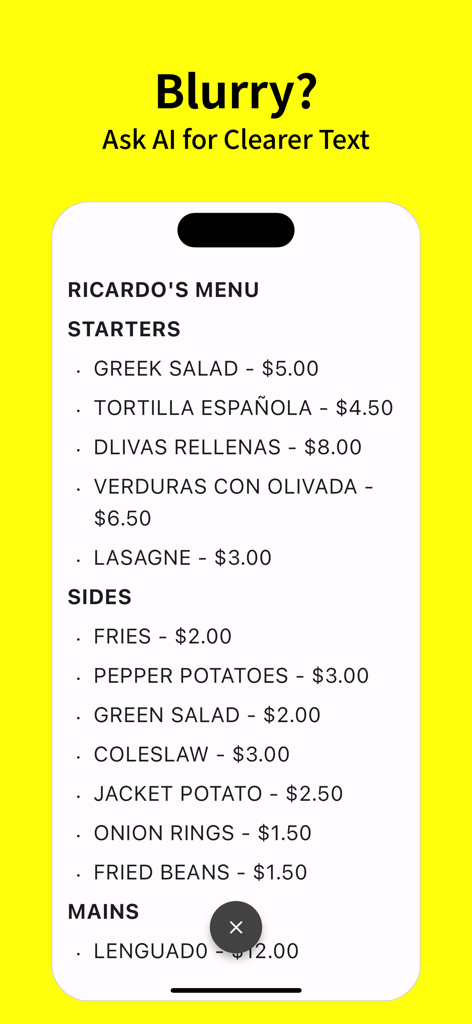 Photo Translator : Translate!! - Photo Translator app interface showing AI text correction of a restaurant menu