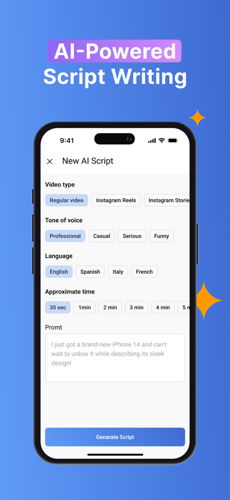 Teleprompter For Video - Pro - Interface of a teleprompter app showing options to generate a video script using AI