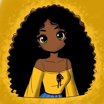 a black anime girl with long afro hair