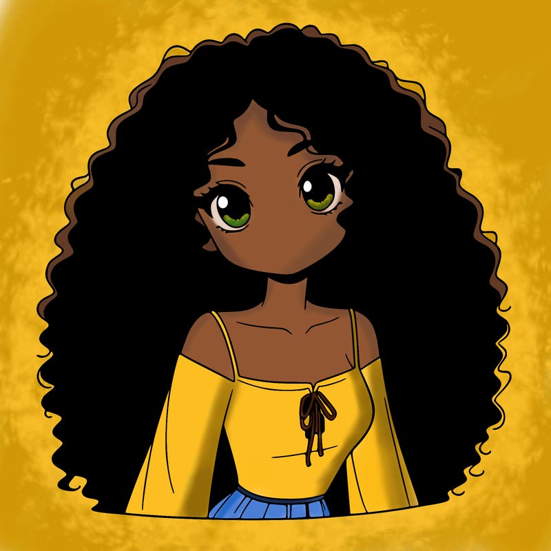 a black anime girl with long afro hair