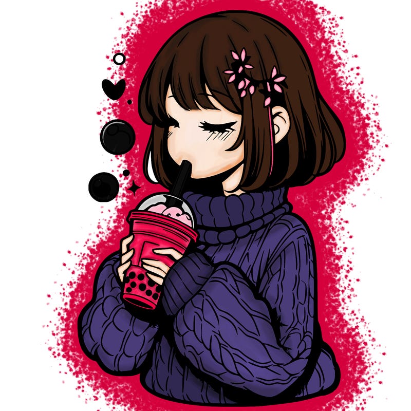 manga girl drinking boba in cozy sweater
