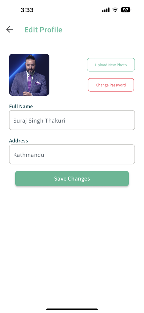 Dami Experience - Ecrã de edição de perfil na aplicação Dami Experience mostrando a foto do utilizador e campos de informação