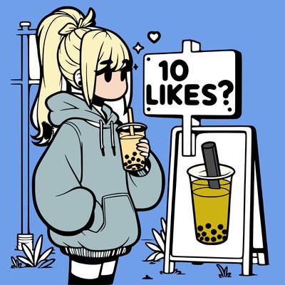 girl with oversized hoodie drinking boba and she has a high ponytail with a sign that says 10likes?