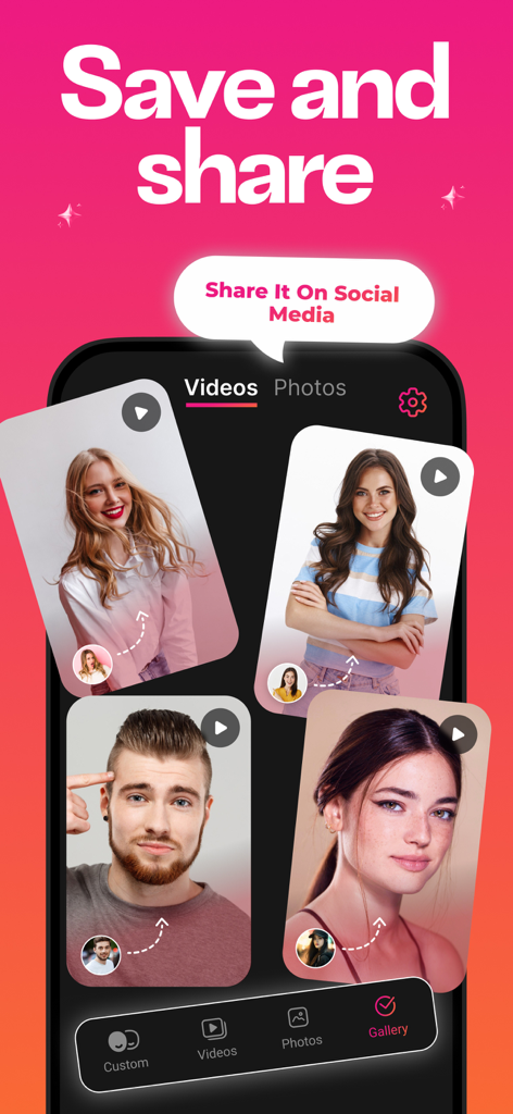 A mobile screen showing a gallery of face-swapped AI videos with a prompt to save and share them on social media.