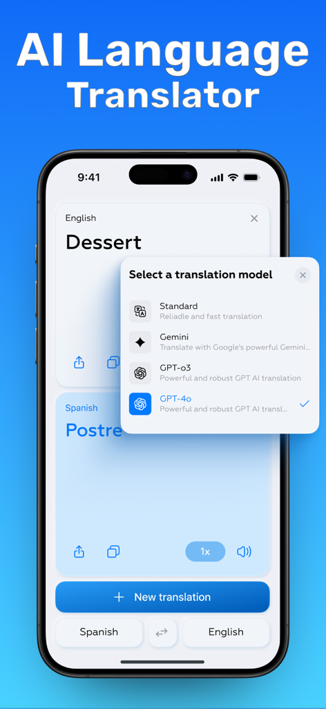 AI Translate app interface showing English to Spanish translation and a menu to select AI models like GPT-4o and Gemini