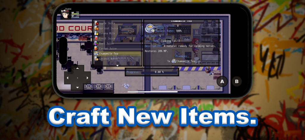 The Tribe Game - Un écran de jeu mobile de The Tribe Game montrant l'interface de création d'aliments et de boissons dans un espace de restauration