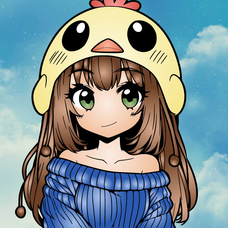 anime girl with chick shaped hat with sweater with bare shoulders with bangs covering them one eye with low tail