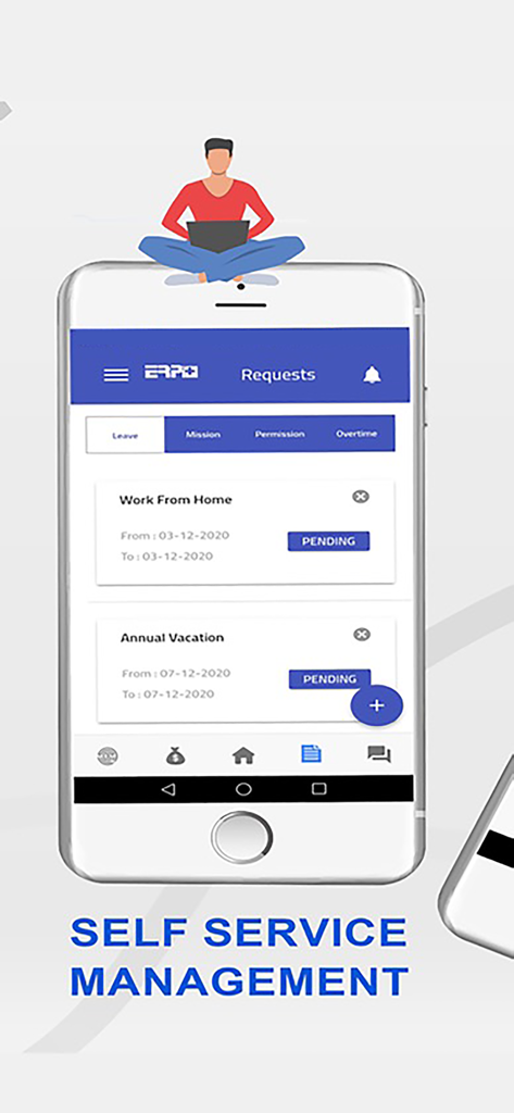 HR ERP+ - HR ERP plus mobile app showing the self service management screen with pending leave and work from home requests