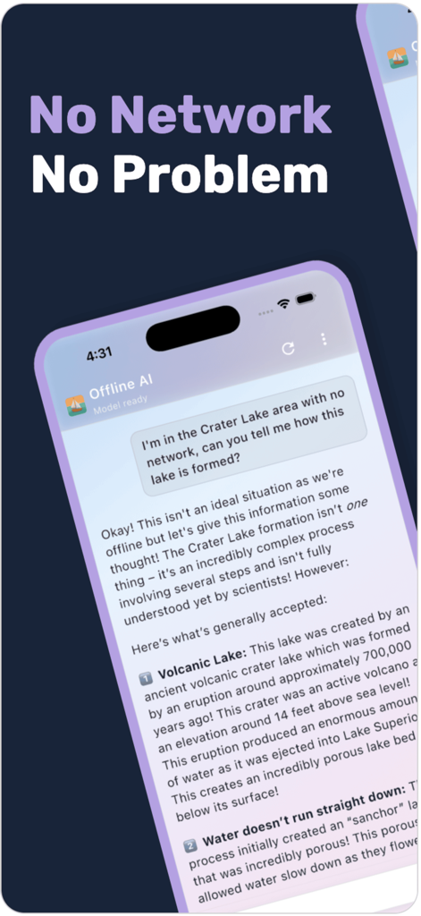 Offline AI - Private LLM - オフラインAIアプリがインターネット接続なしで質問に答えているスマートフォン画面。