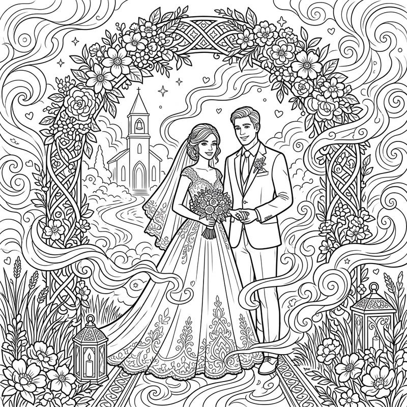 Immerse yourself in a romantic wedding scene set amidst an ethereal fog, perfect for a deeply engaging coloring experience. This intricately designed full-scene illustration captures the magic of a special day with a loving couple and beautiful floral details.