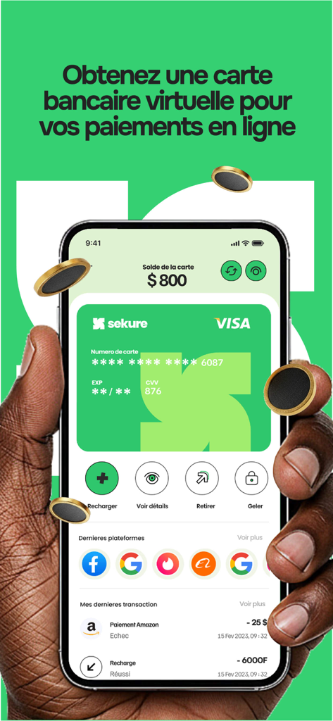 Sekure - A mobile phone displaying the Sekure app interface with a virtual green Visa card for online payments.