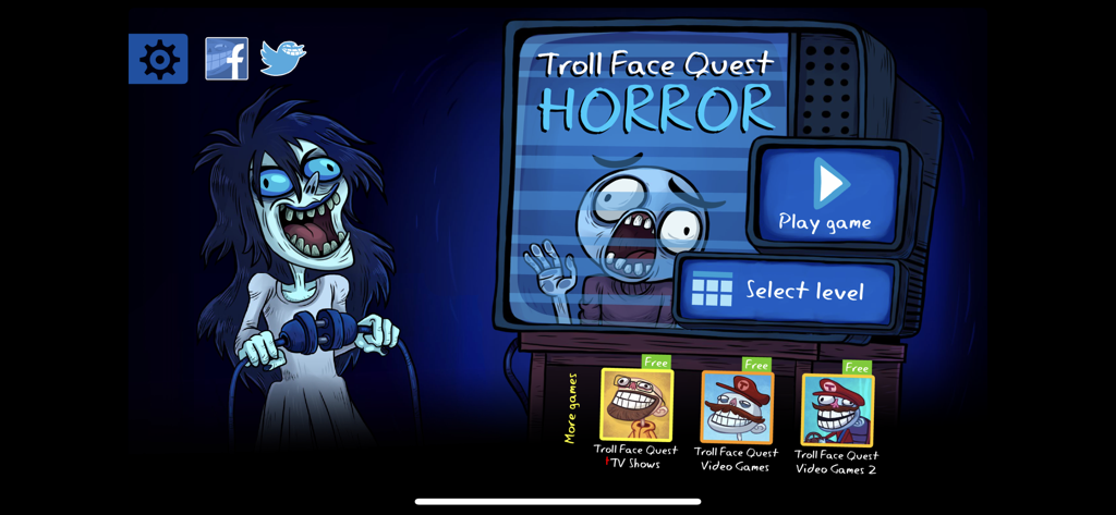 Troll Face Quest Horror - 무서운 만화 유령 소녀와 TV 화면이 특징인 트롤 페이스 퀘스트 호러 모바일 게임의 메인 메뉴