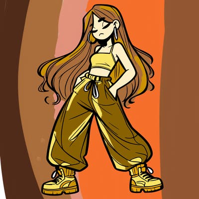 girl in baggy pants crop top and long hair