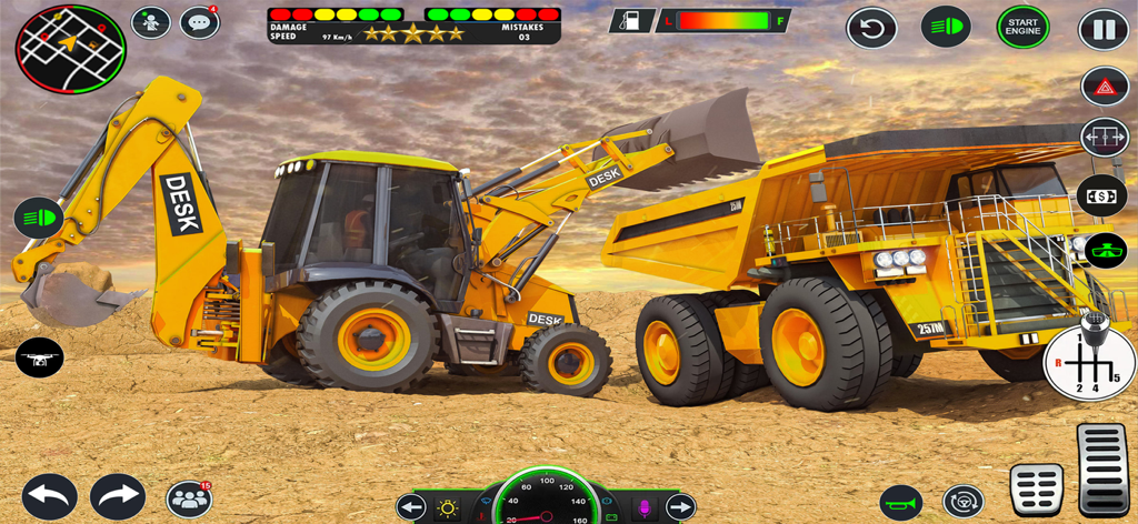 A yellow backhoe loader loading materials into a large dump truck in a construction simulation game.