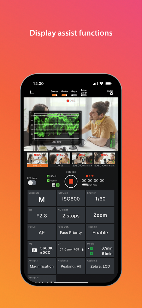 Canon Multi-Camera Control - Canon Multi-Camera Control app interface showing a waveform monitor over a live feed and professional camera settings.