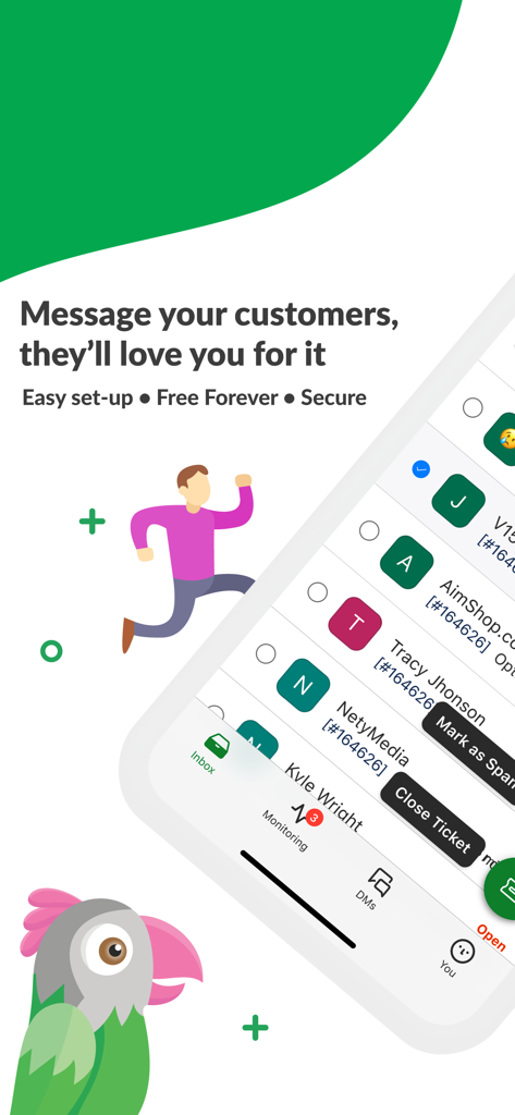 Tawk.to mobile app screenshot showing customer chat inbox and messaging features.