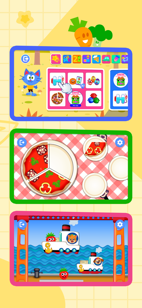 Kidori - Kids Learning Games - ゲームメニュー、ピザを使った分数の算数ゲーム、ボートの仕分けアクティビティを示すKidoriアプリの3つのスクリーンショット