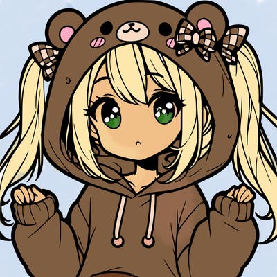 cute anime girl with ponytails and a cute bear hoodie