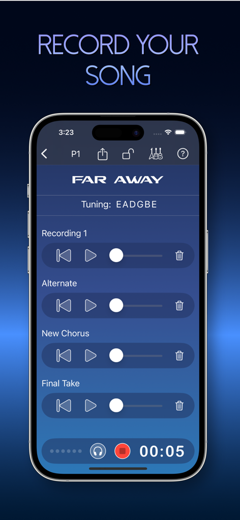 Guitar Notebook - Pantalla de la aplicación móvil Cuaderno de Guitarra mostrando una lista de grabaciones de canciones y controles de reproducción para una pista titulada Far Away
