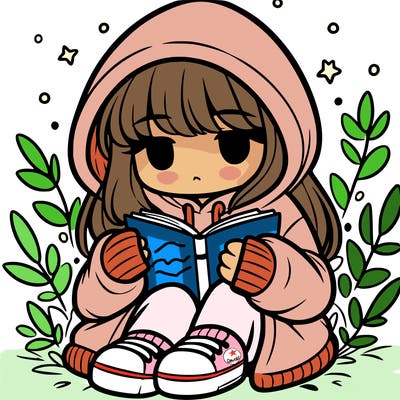 girl in oversized hoodie reading a book
