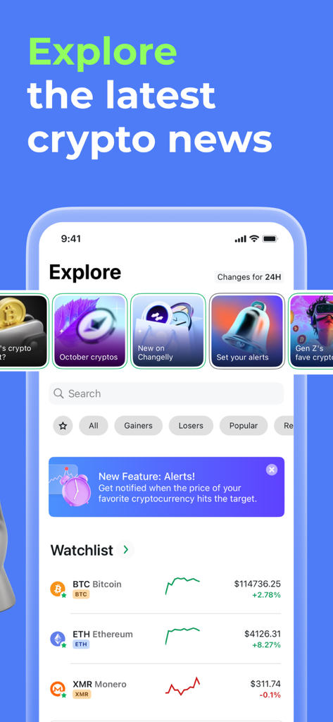 Pestaña Explorar de Changelly Exchange mostrando las últimas noticias de criptomonedas y lista de seguimiento