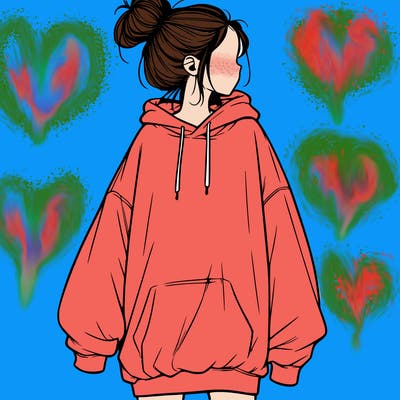 realistic girl with a oversized sweatshirt on and a bun