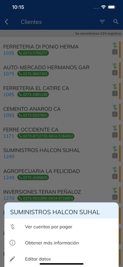TecnoVentas - Interfaz móvil de la aplicación TecnoVentas que muestra una lista de clientes y un menú emergente con opciones de negocio