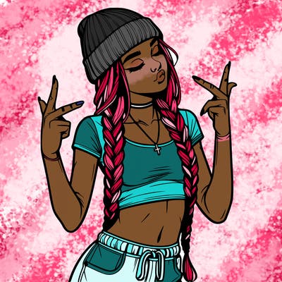 realistic teenage girl with braids and a beanie and crop top doing 🫶🏼