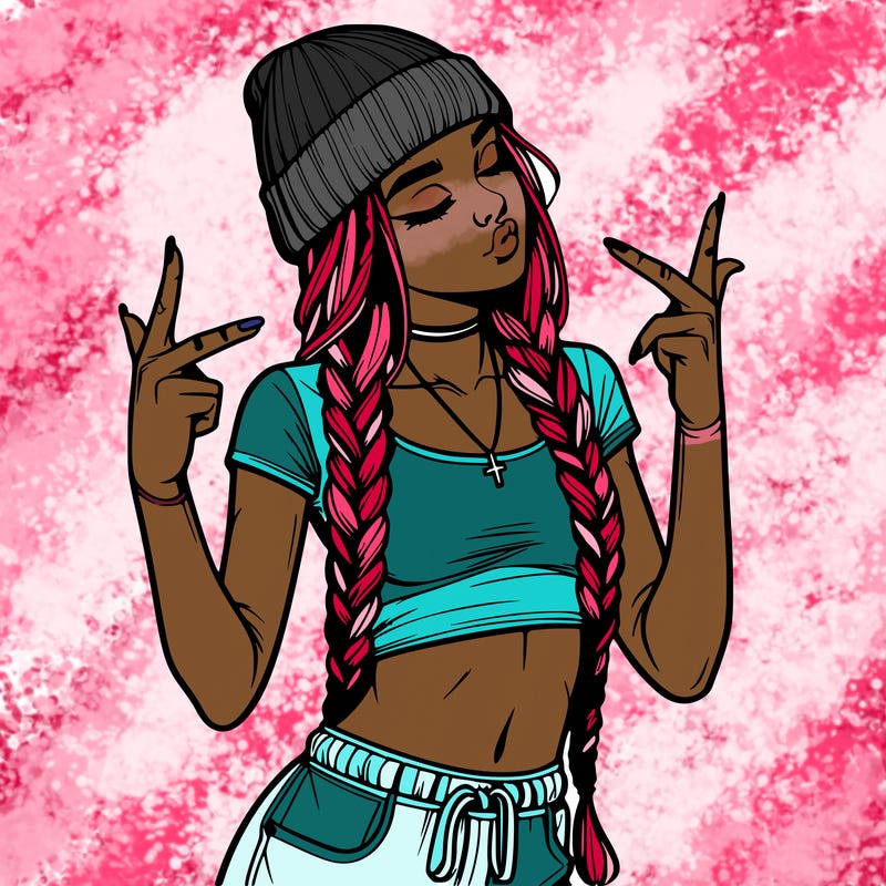 realistic teenage girl with braids and a beanie and crop top doing 🫶🏼