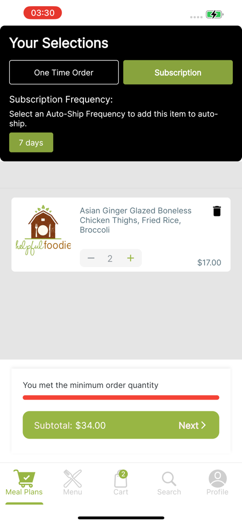 Helpful Foodie - Interface of Helpful Foodie app showing meal subscription selection and order summary