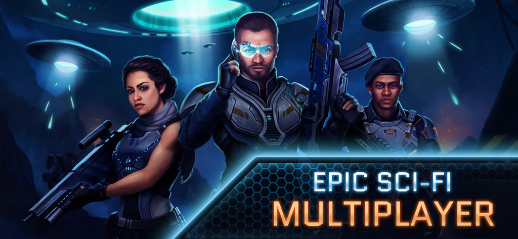 Three futuristic soldiers standing under alien spacecraft with the text Epic Sci-Fi Multiplayer