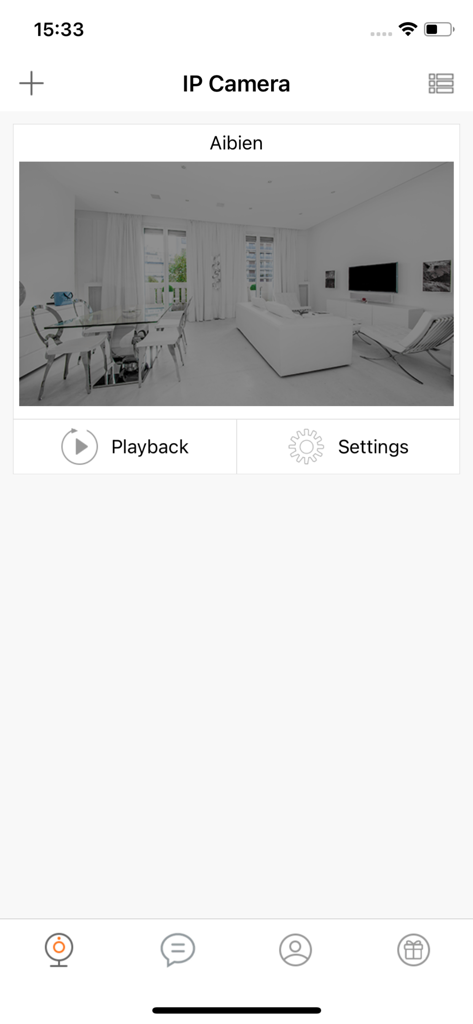 Aibien - Aibien app dashboard displaying a live security camera feed of a living room with playback and settings buttons.