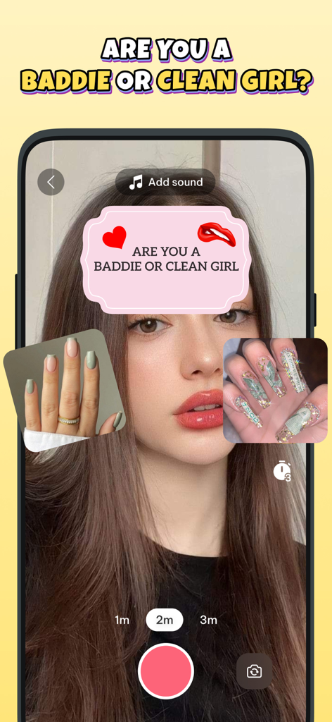 A young woman using the This Or That Test app filter choosing between baddie or clean girl aesthetic with nail style options.