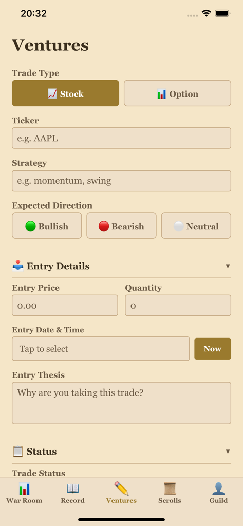 Trade Codex - The Ventures screen in Trade Codex for logging a new stock trade with a medieval parchment theme.