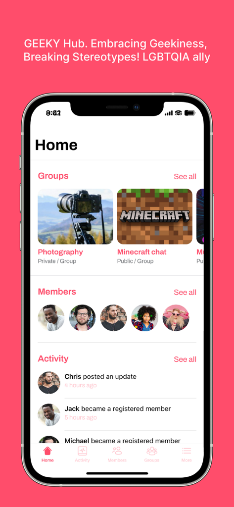 Geek Meet Club mobile app home screen showing community groups and member activity